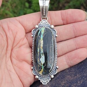 Blackjack Turquoise Navajo Mary Ellen signed handmade USA native pendant